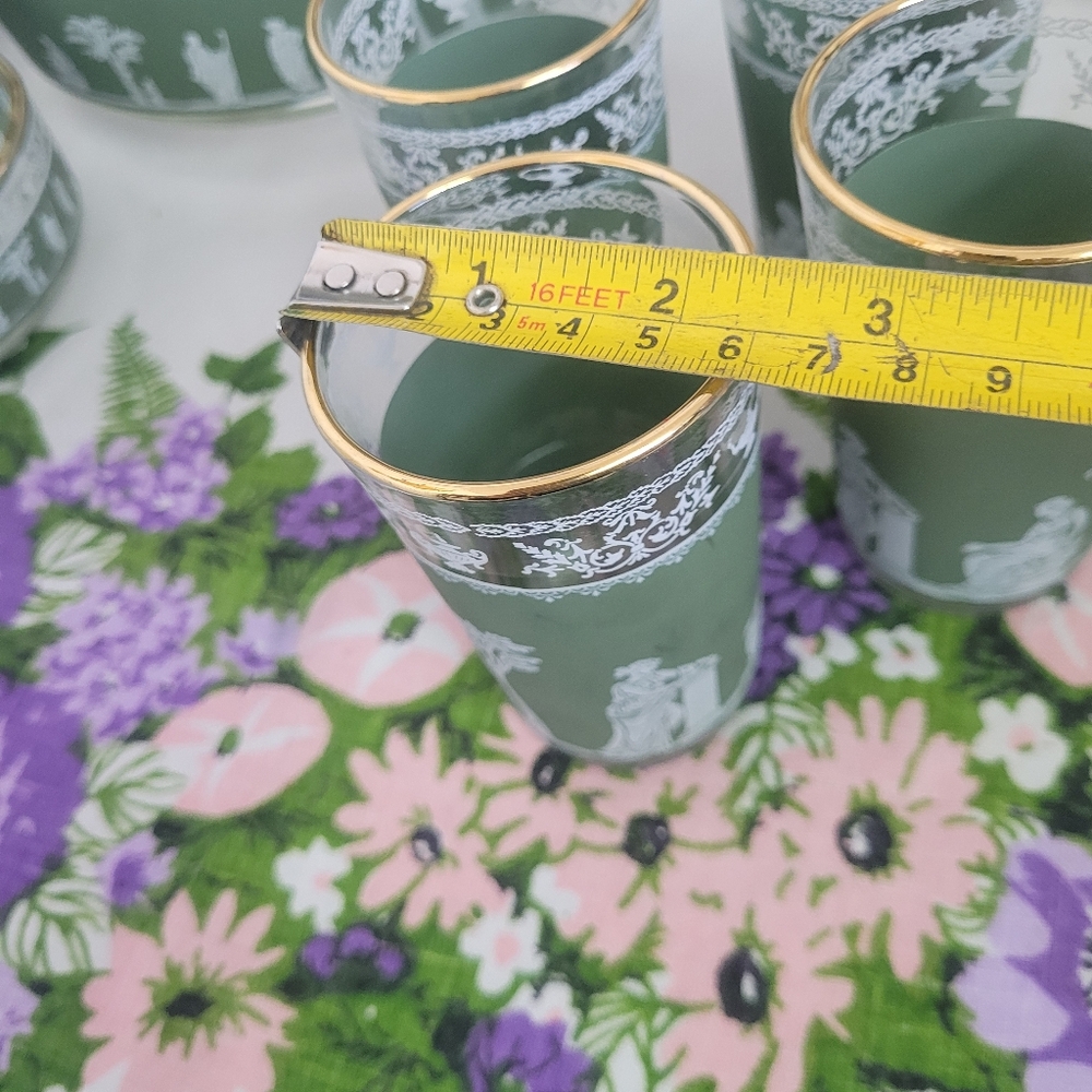 Vintage Jeannette Glasses Set Of 4 Hellenic Green Jasperware Gold Rim - Picture 11 of 12